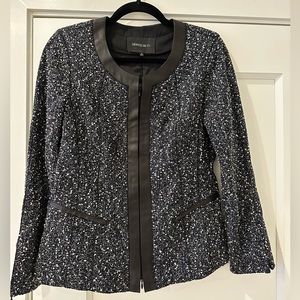 Lafayette 148 Black Wool Blazer Leather Trim Zipper Accents SZ6